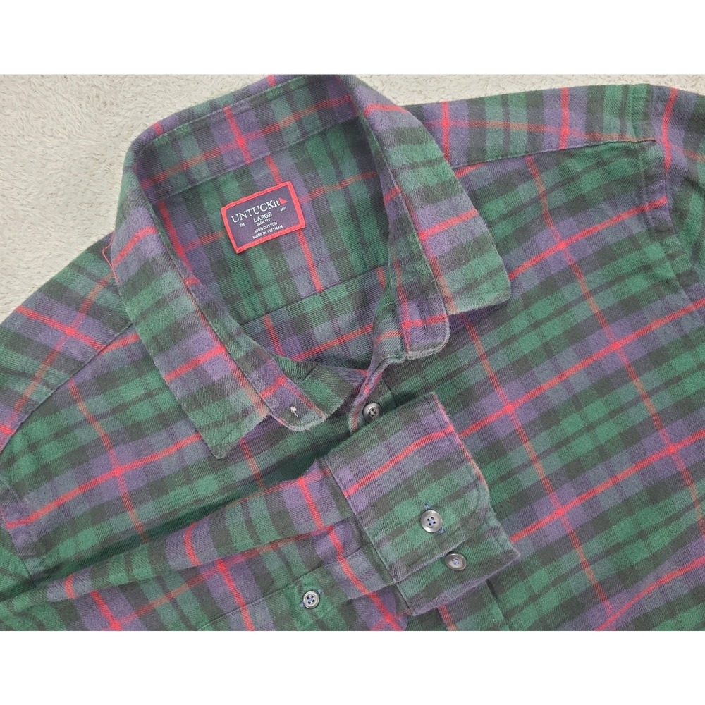 UNTUCKit Moncayo Slim Fit Plaid Flannel Shirt Mens Large Green Purple 41278